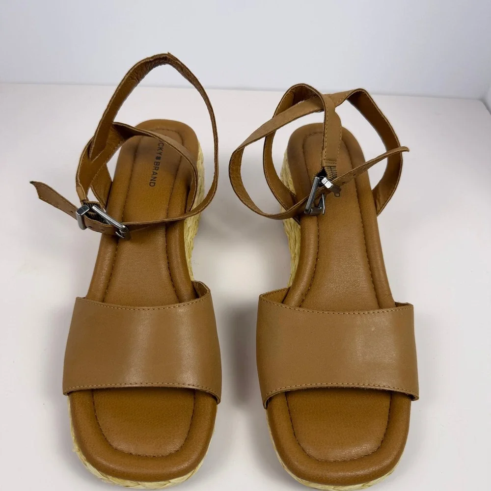 Lucky Brand Boho Minimalist Womens Espadrille Wedge Sandals Tan Leather